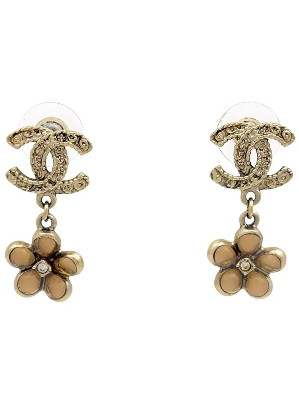 Chanel Earrings CC Logo Flower Swing Rhinestone Gold